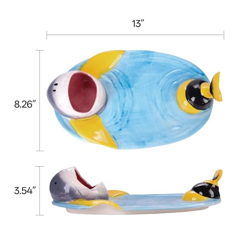 Image of Ceramic Bee Shark Taco Holder, Bee Shark Sushi Plates, Funny Handmade Kitchen Salad Plates with Dipping Sauce Bowl, Microwave /Oven /Dishwasher Safe Plate, Holiday Birthday Gifts for Sharks Party Lovers