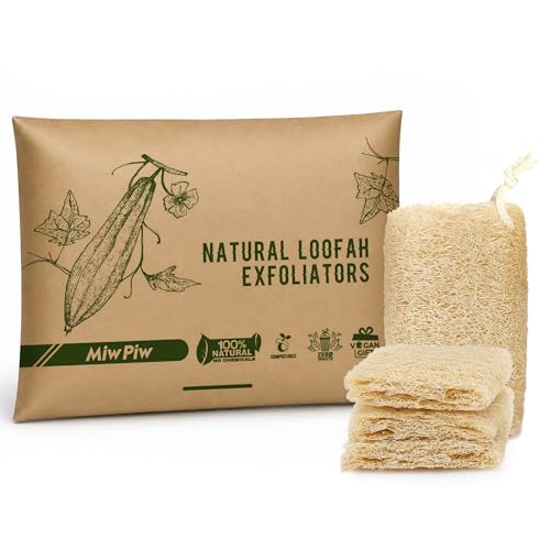 Natural Loofah Exfoliating Body Scrubber (Pack 4), Loofah Shower Sponge, Luffa for Exfoliating & Smooth Skin Cleansing, Women and Men, 100% Biodegradable Compostable, Dye Free