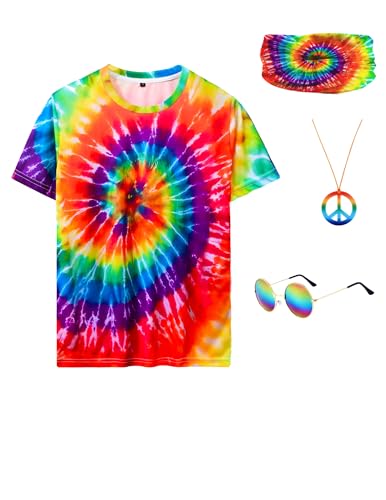 Inrajoper Hippie Costume for Men 60s 70s Colorful T-Shirt Outfits 4 PCS Accessories Set for Theme Party Multicolor Small