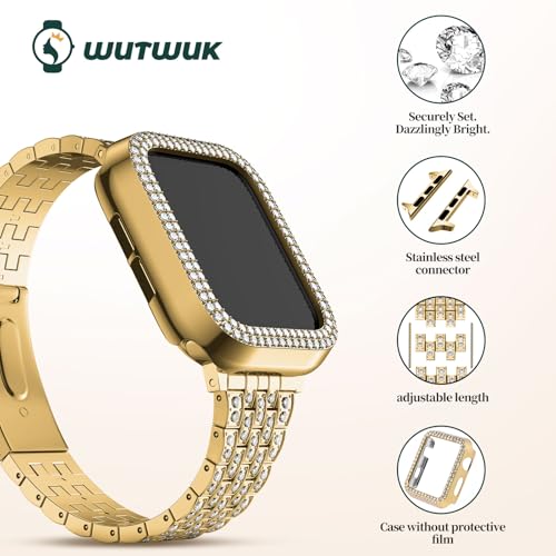 Image of wutwuk Diamond Band with Bling Case Compatible with Apple Watch Bands for Women 44mm, Sparkly Metal Strap with Crystal Protective Bumper for iWatch SE Series 6 5 4, 44mm Gold