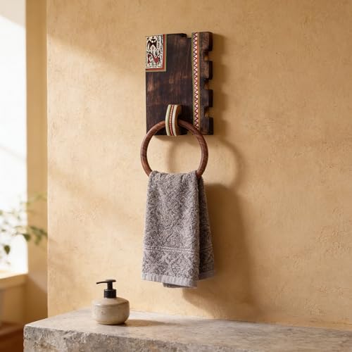 Image of Aakriti Art Creations Warli Art Mango Wood Towel Holder | Warli Melody | Handcrafted Wooden | Matte Finish Brown Wall Mounted Towel Holder for Bath & Wash Area