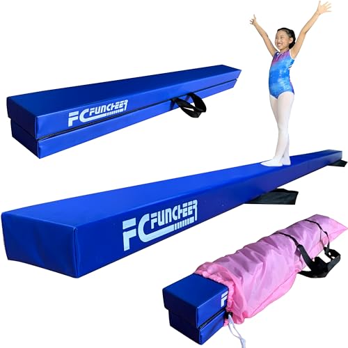 FC FUNCHEER 8FT Folding Balance Beam Gymnastics Beam Wood core Floor Beam with Anti-Slip Bottom Stainless Hinge and Carrying Bag … (Polyester, Light Blue)