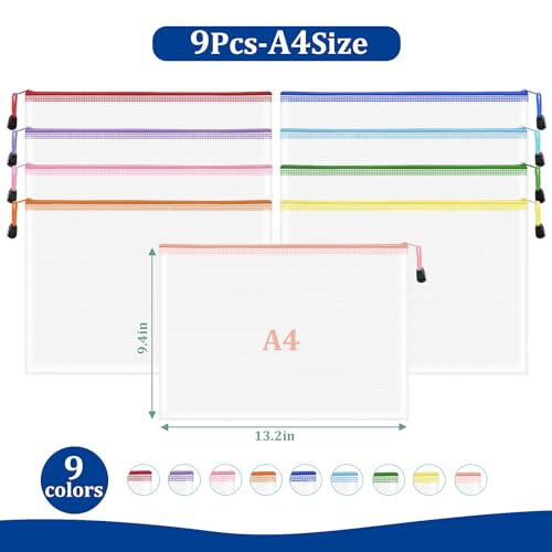 Image of 9pcs A4 Mesh Zipper Pouch Bags, 9 Colors, PVC Material, Reusable, Transparent, Zip Closure, Perfect for Toy Storage, Office Organization