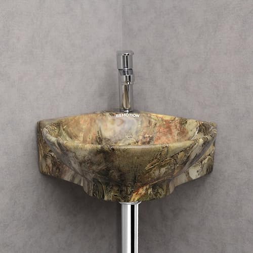 Image of REMOTION Wall Mounted Wash Basin for Bathroom | Wall Hung Corner Sink | Ceramic Round Wall Hung Wash Basin | Wall Hung Small Corner Basin (16.3 x 13.8 x 4.3 Inch) (Marble Green)