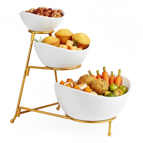 LAUCHUH 3 Tier Serving Stand Serving Dishes for Entertaining Porcelain Oval Bowl Set Tiered Serving Tray for Fruit, Vegetable, Nuts, Salad, Chip Dip Bowl Set for Thanksgiving, Christmas, Gol