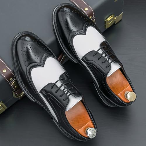 Men's Classic Leather Two Tone Wingtip Tuxedo Dress Brogues Oxfords Fashion Lace Up Patchwork Carved Chunky Block Heel Round Toe Non-Slip Formal Derby Shoes for Business Wedding Party3