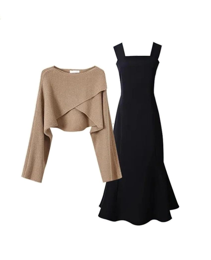 Women Knitted Matching Set Sweater Top With Spaghetti Strap Skirt Two Piece Korean Suit