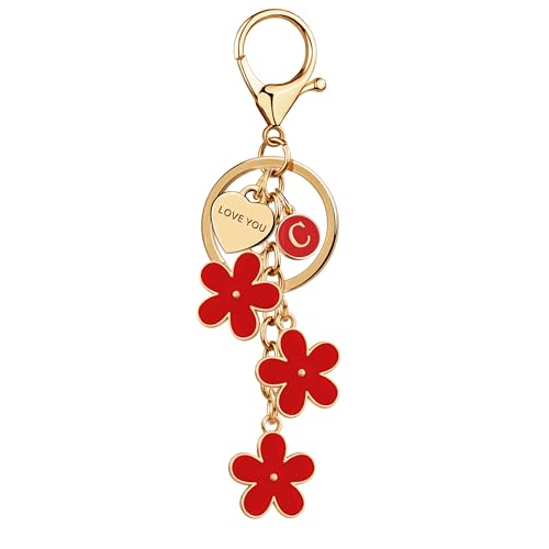 Suweibuke Initial Letter Keychain with Love You Heart, Cute Key Chain Gift for Women Girl, Charm for Keys Handbags Backpacks (Red-C)