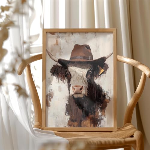 Image of aj decor Highland Cow Cowboy Hat Wall Art Print Poster, Dog Pet Lover Picture Painting Artwork Bedroom Living Room Office Dining Room 151D (Highland Cow Cowboy Hat, 11 inch W x 14 inch L, Wood Frame)