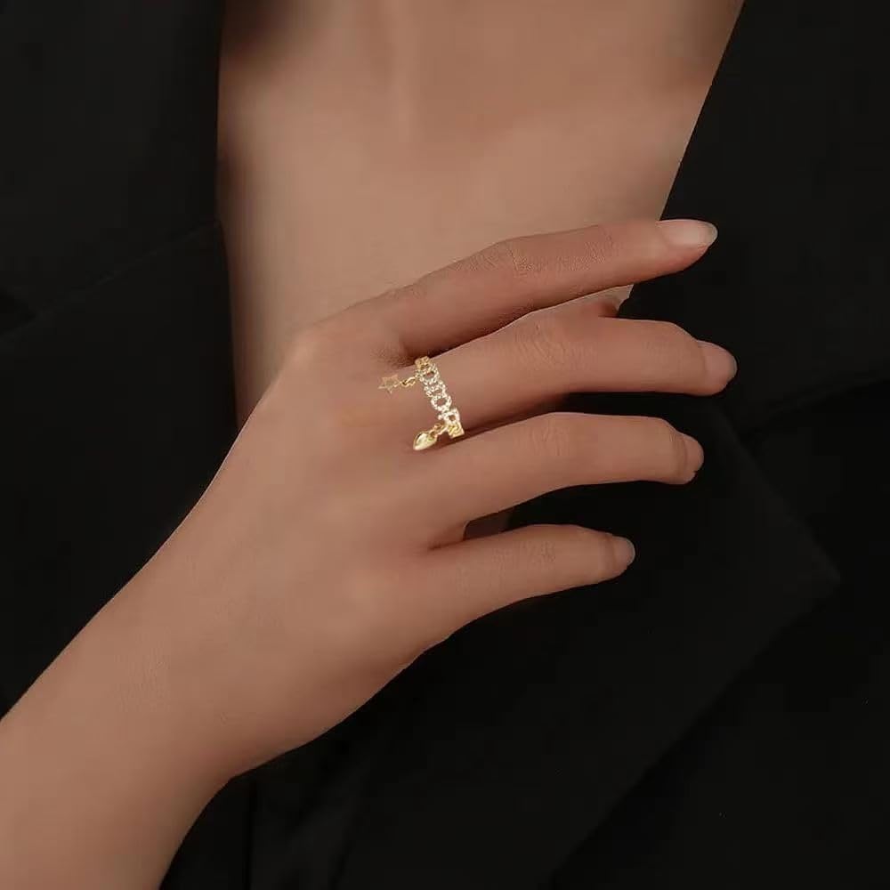 18k Gold Plated Adjustable Heart Rings | Star Rings Cubic Zirconia Simulated Diamond Rings for Women,Size From 6-9(Gold B)