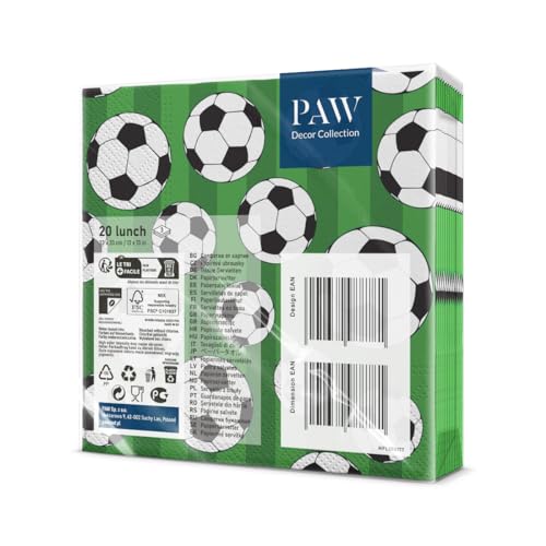 PAW - Servietten 3-lagig (33 x 33 cm) I 20 Stück I Perfekt für Partys, Geburtstage, Feiern I Kinderparty Tischdeko - Bunte Papierservietten mit Motiv - Fußball I Soccer Ball