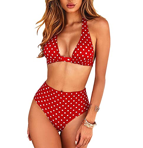 CMTOP Trajes de Baño Bikini Las Mujeres de Dos Piezas Bathing Suit Bikinis Mujer Conjunto de Cuello Halter Estampado Floral de Cintura Alta para el Verano (Punto Blanco Rojo,L)