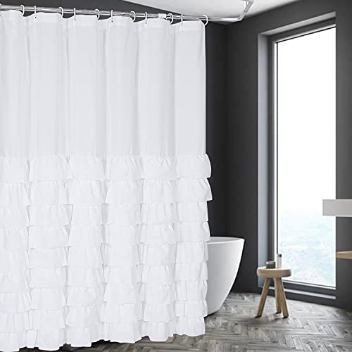 Brhf Farmhouse White Ruffle Shower Curtain 72" In Long & Wide - Quick Drying - 12 Buttonholes Design - Easy To Install - Fade Resistant And Opaque, Great For Bathroom #TOP1