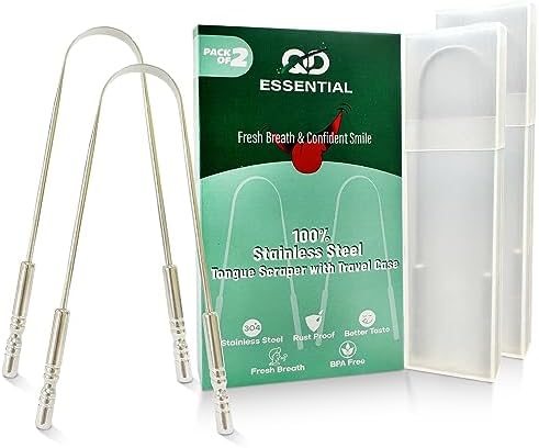 Stainless Steel Tongue Scraper for Adults with Travel Case (2 Pack) – Stainless Steel Cleaner for Daily Hygiene, Reduce Bad Breath – Oral Care Travel Essentials, Metal Tongue Scraper