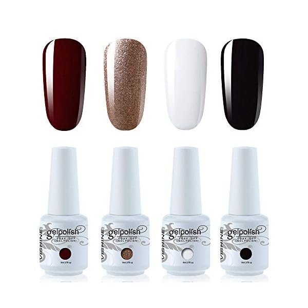 Vishine Gel-Nagellack-Set, semi-permanent, Weiß, Schwarz, Dunkelrot und Rosa, 4 Stück