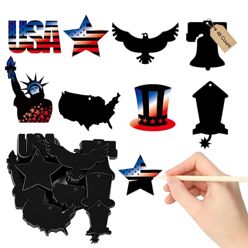 Iconikal 48-Pack Americana Scratch Art Ornaments, Patriotic, 4x5-Inch, 24 Sticks, Red White Blue