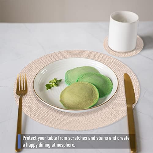 wiipara Round Woven Placemats Set of 6 Heat Resistant Round Braided Table Mats, 34 cm Washable Table Placemats and Coaster Sets for Dining/Kitchen Table, Party, Wedding (Beige)