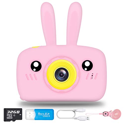 IXROAD Camara de Fotos para Niños 1080P Juguetes para Niña con Pantalla de 2 Pulgadas Estuche de Silicona y Tarjeta SD de 32GB (Rosa)