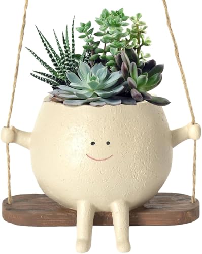 Swing Face Planter Pot | Smile Face Hanging Plant Pot | Small Hanging Resin Flower Head | Cute Succulent Plant Pot Indoor Outdoor | Unique Plant Pots For Succulent Planter