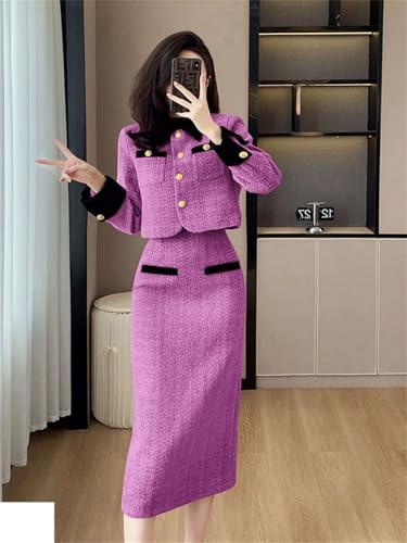 Women's Vintage Tweed Two Piece Set Short Jacket Coat + Bodycon Skirt Suits Elegant OL 2 Piece Outfits4