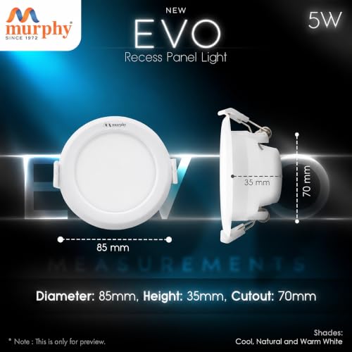 Image of Murphy EVO 5W Round LED Recess Panel Light | 85mm Outer Diameter, 70mm Cutout | 3000K Warm White | Shockproof PC Body | Energy Efficient | BIS Approved | 2-Year Warranty | Pack of 25