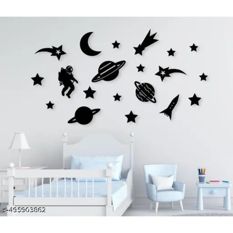 Image of Elegant Wooden Wall Adhesive Art Moon and Stars Modern Peel & Stick Decor for Living Room, Bedroom & Office 28