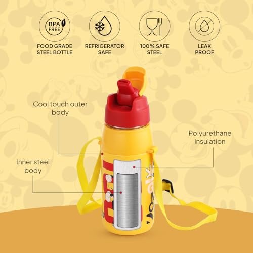 Image of CELLO Kidzbee Puro Steel-X Hydro Kid 400 Insulated Kids Sipper Water Bottle 400ml Yellow | Touch & Feel Mickey Design Easy to Carry with Loop Leakproof Flip Top Water Bottle For School Kids Boys Girls