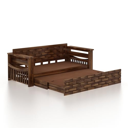 Image of Ganpati Arts Solid Sheesham Wood 3 Seater Italian Sofa Cum Bed with Storage and Side Pockets for Living Room Wooden Sofa Bed for Home - Teak Finish 1 Year Warranty