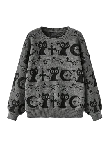 WDIRARA Women's Goth Cartoon Pattern Sweater Long Sleeve Crewneck Knit Pullover Top