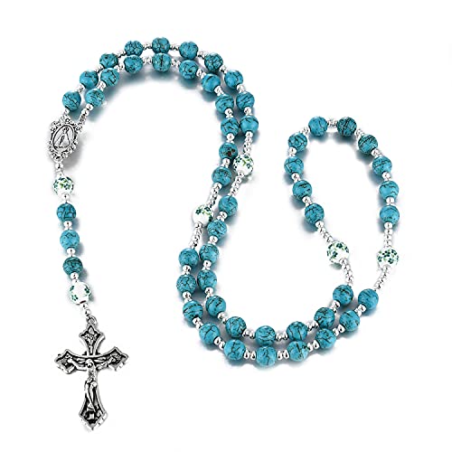 Catholic Beads Rosary Turquoise Marble Beaded Necklace with Cross Crucifix Rosaries for Women (Turquoise)