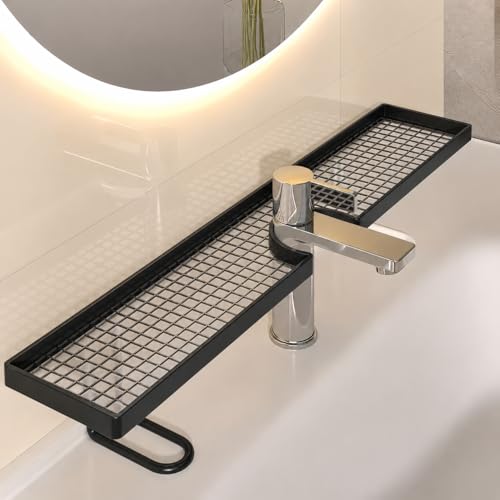 fretory Bathroom Sink Shelf Over Faucet, Over Bathroom Sink Shelf Organizer, No-Drill Faucet Storage Rack, Behind Faucet Storage Shelf for Bathroom Counter Organization (Black, L:19.6in)