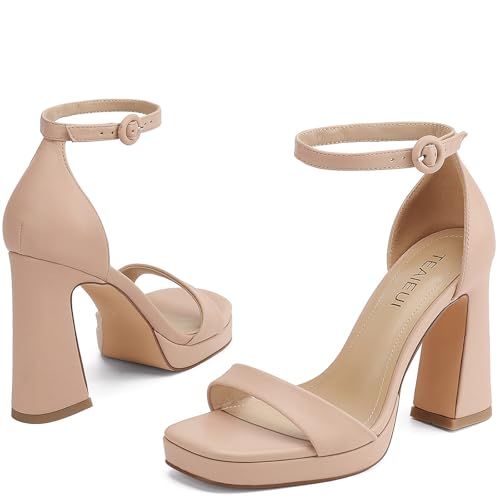 Image of TEAIEUI Platform Heels for Women Chunky High Heels with Ankle Strap Square Toe Strappy Heels for Women Heeled Sandals