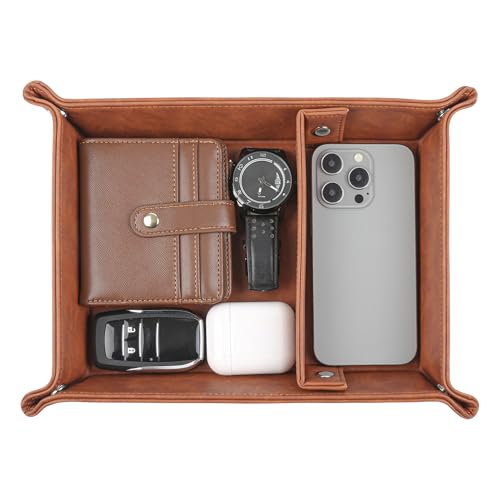 Deluxe Leather Tray Desktop Storage Organizer Watch Remote Control Jewelry Cell Phone Wallet Keychain Desktop Storage for Home, Camping Unique Gift Ideas for Men and Friends