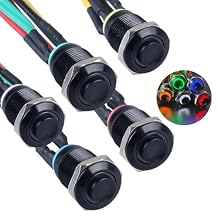 5pcs 12mm Metal Momentary Push Button Switch 12V-24V ON-Off 4Pins 1NO Raied Head 1/2" Mounting Hole with Cable Waterproof Black Shell Halo Ring LED Mix Color Blue/Red/Green/Yellow/White