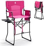 EVER ADVANCED Portable 30.7' Seat Height Tall Folding Camping Chair Directors Chair High Foldable Bar Stool with Side Table for Makeup Artist, Sports Event, Craft Show, Supports 350LBS Pink