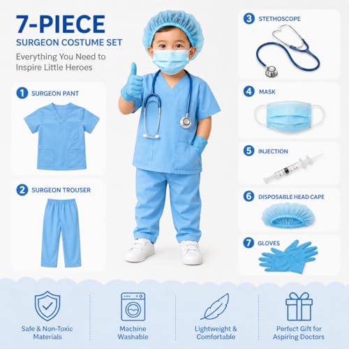 Image of Surgeon Dress for Kids with OT Coat| Surgeon Costume| Medical Role Play Outfit for Children, Hospital Theme Costume for Fancy Dress Competition, School Annual Function, Career Day