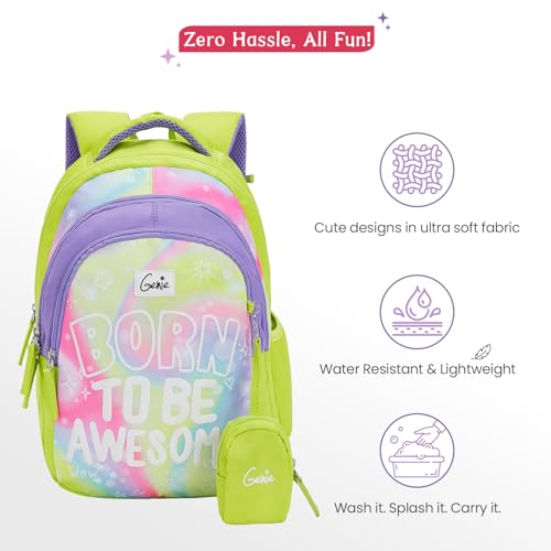 Image of Genie Awesome School Backpack for Girls |15 In-20 Ltr with Three Compartments,Side Pockets and Light Weight with Padded Shoulders |Best for Books,Stationery, Lunch Box & Essentials - Green