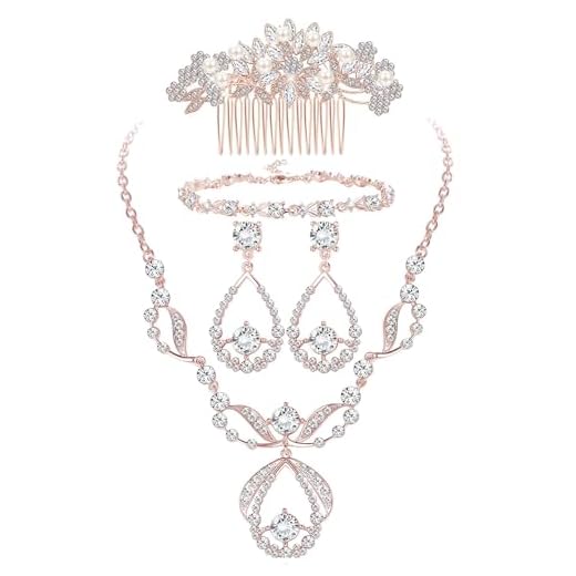 ORAZIO Rose Gold Tone Crystal Bridal Jewelry Set for Prom Wedding Bride Bridesmaids Vintage Rhinestone Necklace Earrings Bracelet Comb for Women