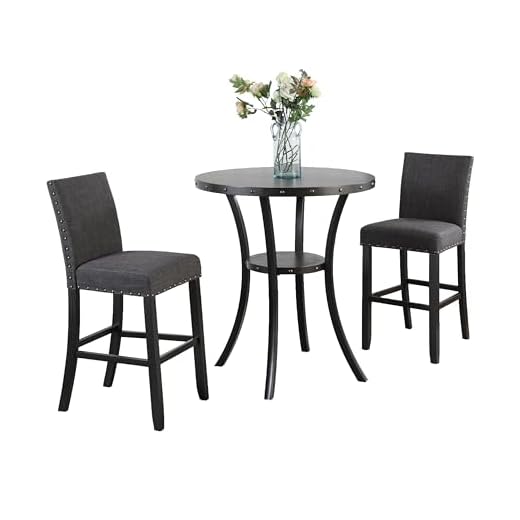 Roundhill Furniture Biony 3-Piece Round Espresso Bar Table with Nail Head Stools, Gray