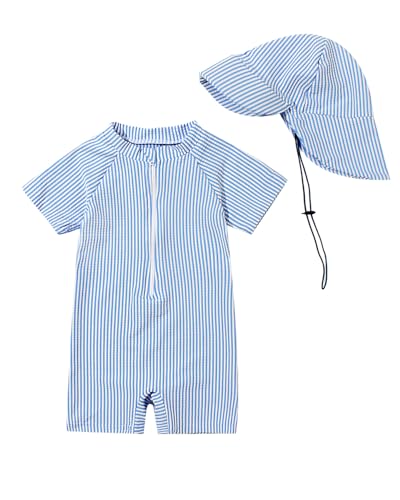 JiAmy Maillot de bain pour bébé garçon avec chapeau de soleil Protection UV Maillot de bain une pièce Maillot de bain Vêtements, bleu, 2-3 ans