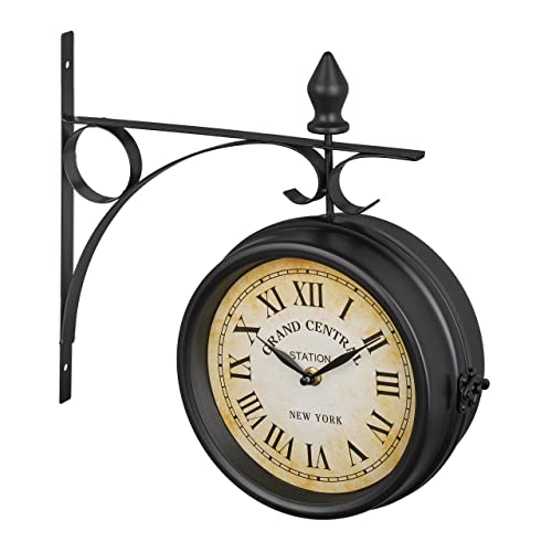 Relaxdays Cara, Color Negro Reloj Pared Doble Esfera, Estilo Estación Tren, Analógico, a Pila, Decoración Vintage, 33x34x10 cm, Hierr
