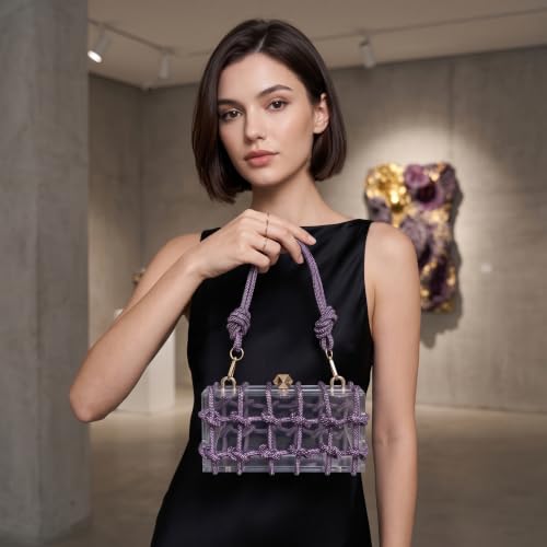 Image of Clear Acrylic Clutch, Glitter Rhinestone Purse Handbag with Bling Rope for Banquet Party (Dark Purple, (L*W*H): 19cm*6cm*10cm /7.48 inch*2.36 inch*3.94 inch)