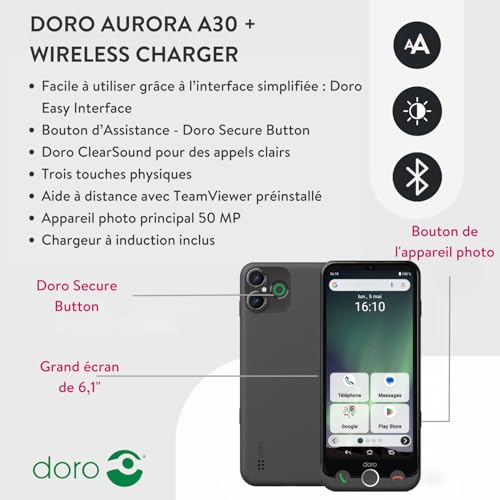Doro - Pack Smartphone Aurora A30 - Socle de Charge Inclus - Téléphone Portable Senior - Facile à Utiliser - Touche d'Assistance avec Localisation GPS - Compatible Appareils Auditifs - Graphite