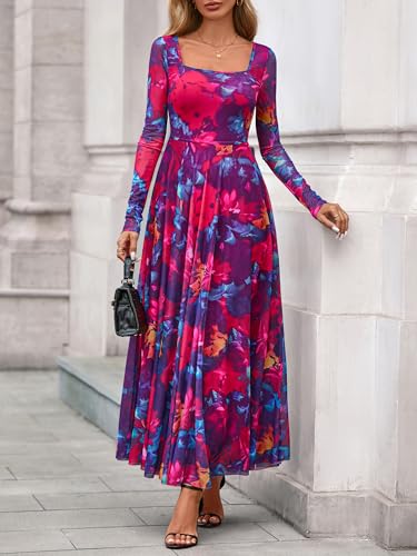 BTFBM Women Maxi Dress Fall 2025 Fashion Elegant Long Sleeve Square Neck Floral Print Party Club Wedding Guest Dresses