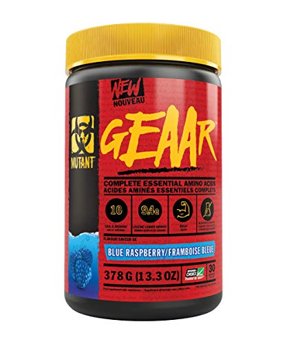 MUTANT GEAAR | 9.4g of EAA Powder + Arginine, 7g BCAAs, 4g Leucine, Electrolytes, Coconut Water, No Artificial Colours or Flavours | 30 Servings | Blue Raspberry | 378g