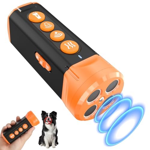 RU40- Anti-Barking Device with 4 Ultrasonic Heads, 15m Range, Rechargeable Dog Deterrent with Training Mode, SOS Light & Auto Function - Pet Behavior Control for Yard Protection