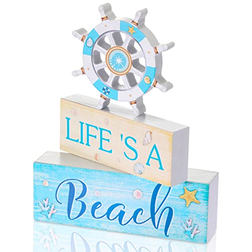 3 Pcs Nautical Beach Decorations Wooden Sign Ship Wheel Tiered Tray Decor Boat Steering Sign Farmhouse Wooden Ocean Bathroom Decor Rustic Beach Theme Decor for Home Desk Shelf Gallery Table Decor