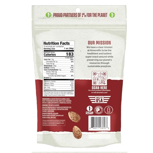 Image of AlmondRx | Heart Healthy Skinless Lightly Salted California Almond Snack Packs | Fortified with Vitamin D | Plant Protein | Keto | Vegan | No Sugar Added (6 Ounce (Pack of 1), Honey Cinnamon)