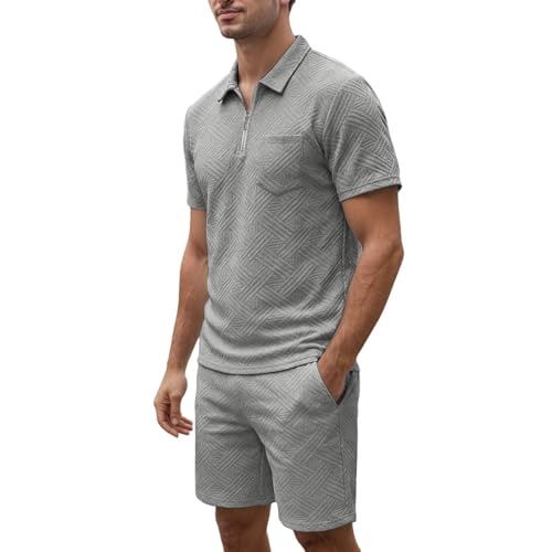 Traje deportivo corto de jacquard para hombre, conjunto de chándal de manga corta, camiseta con cremallera 1/4 y cintura elástica, pantalones cortos de dos piezas, monocolor, informal, chándal
