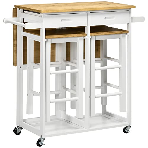 HOMCOM Ensemble Table de Bar Chariot de Cuisine Table de Cuisine Pliante roulettes + 2 tabourets Blanc et Bois Clair - 2 tiroirs et Porte-torchons